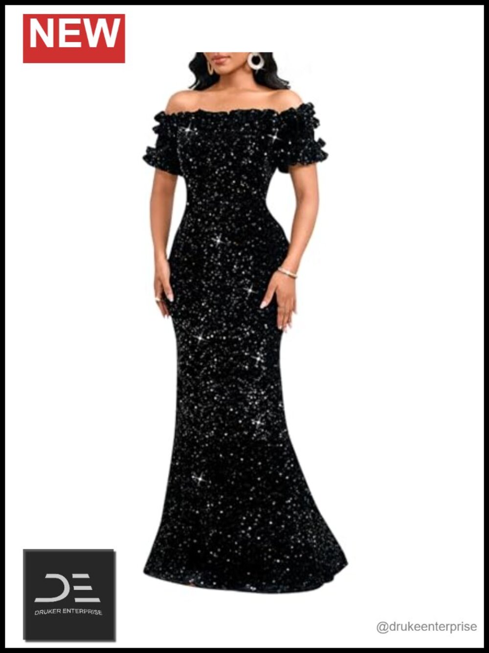 Sequin Off Shoulder Ruffle Short Sleeve Bodycon Mermaid Maxi Formal Evening